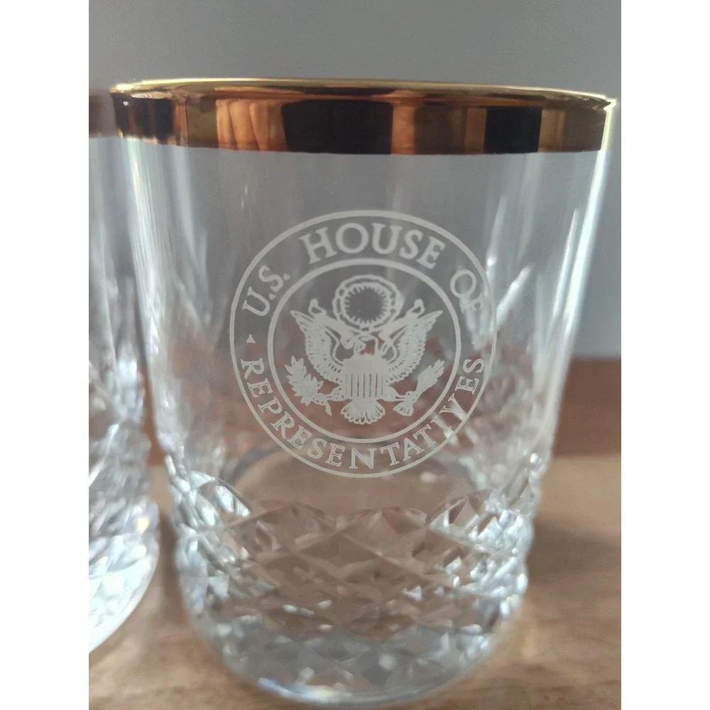Set of 2 US House of Representatives Crystal Lowball Glasses Gold Rim Rocks Glas